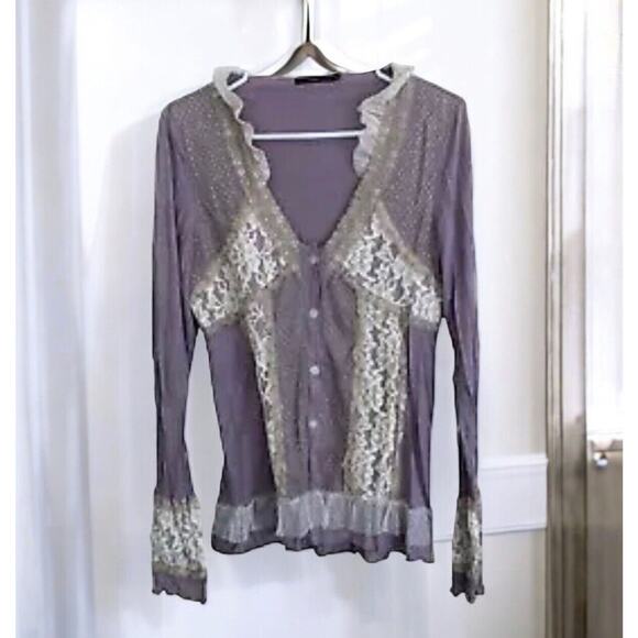 Anthropologie Hazel Boho Top Purple Floral Lace Button Up - Picture 1 of 6